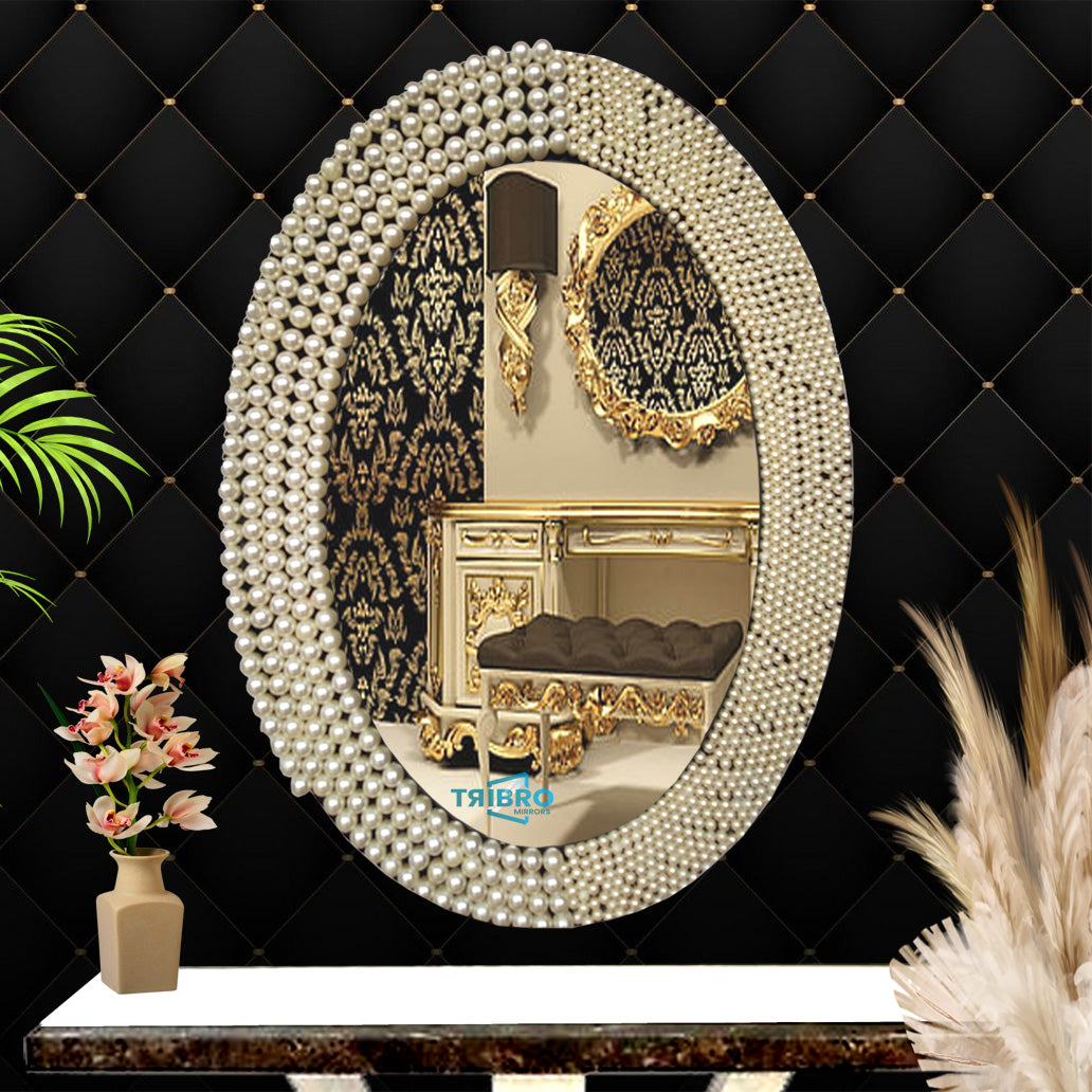 Tribro Oval Shape Luxury Handmade Wall Mirror in white Beads in interior designing