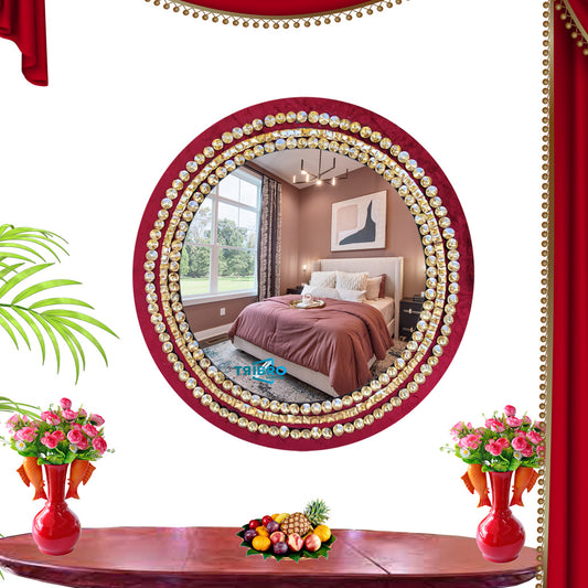 TriBro Elegant Frame Round Shape HAndmade Wall Mirror in Red and Gold