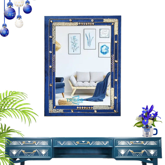 TriBro Rectangle Shape NEW Look Handmade Wall Mirror with Blue White and Gold Color