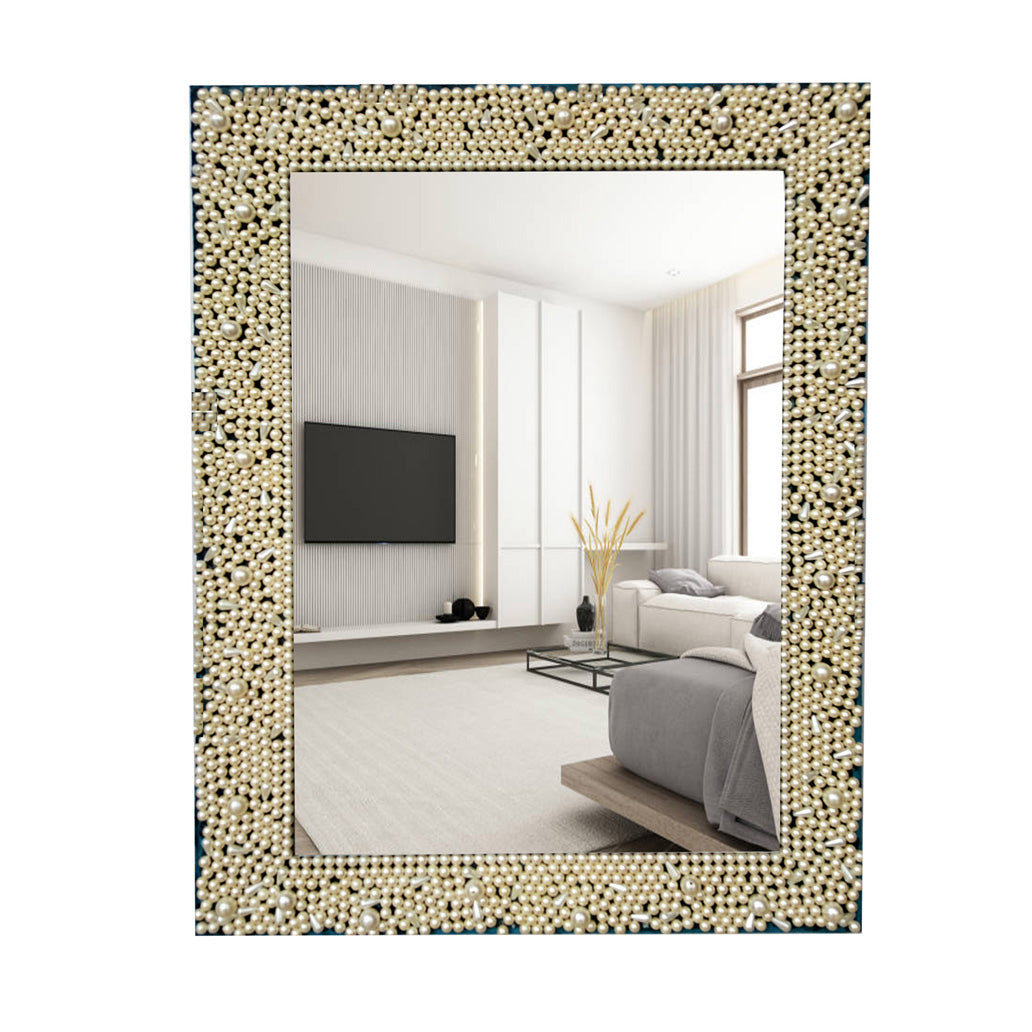 TriBro Rectangle Shape Handmade Wall Mirror with White Beads