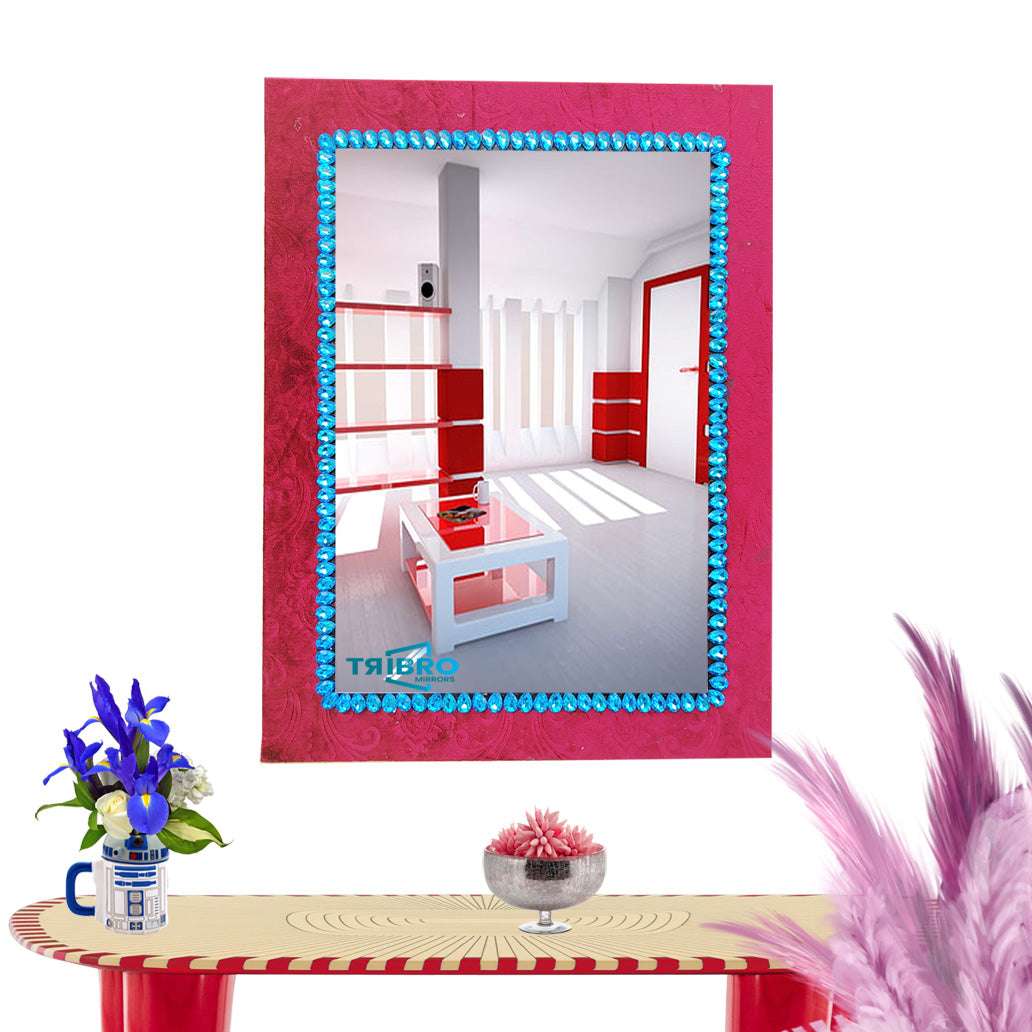 TriBro Rectangle Shape EYE Catching Handmade Mirror with Red and Blue