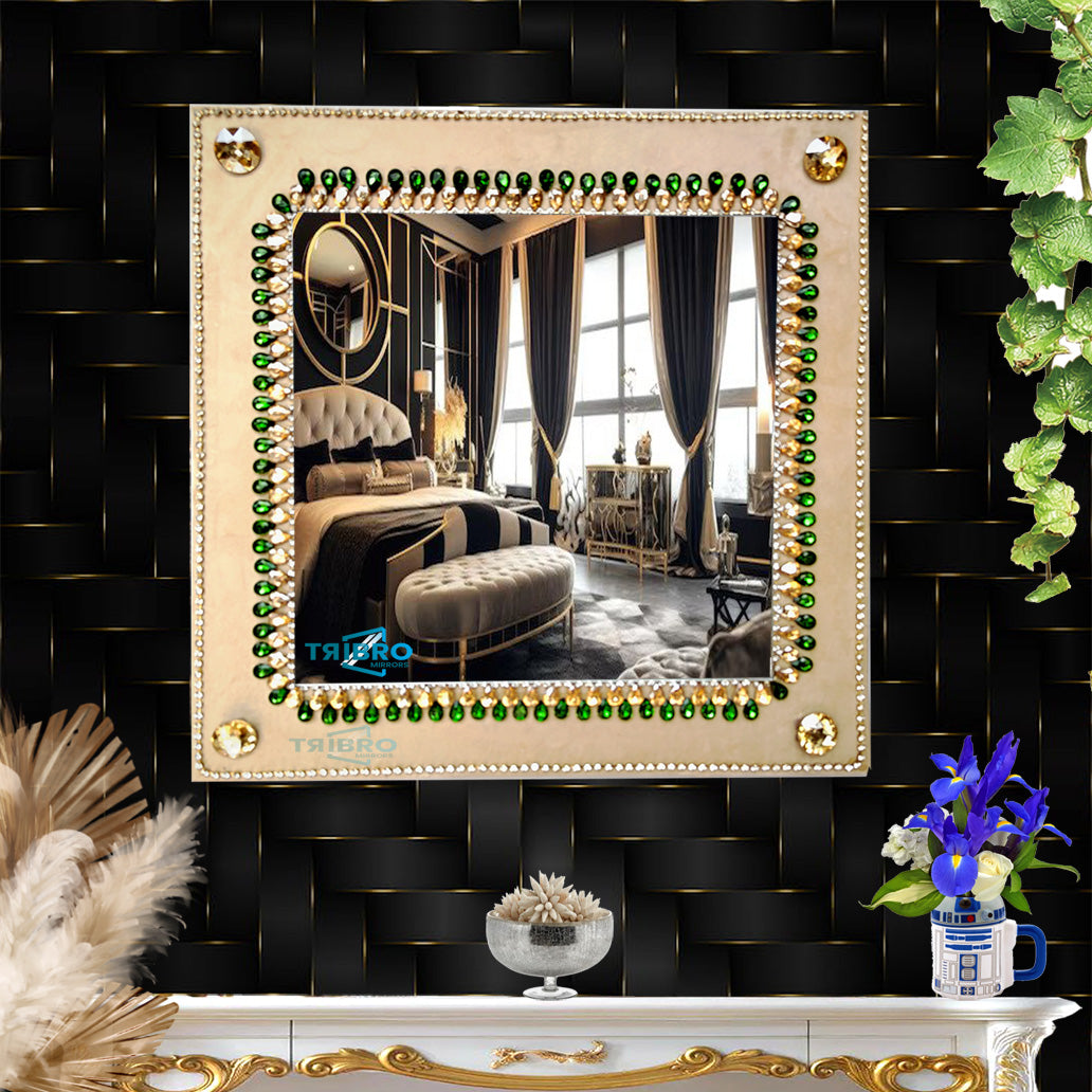 TriBro Square Handmade Wall Mirror in Golden and Green Color in interior design