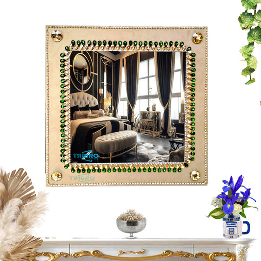 TriBro Square Handmade Wall Mirror in Golden and Green Color