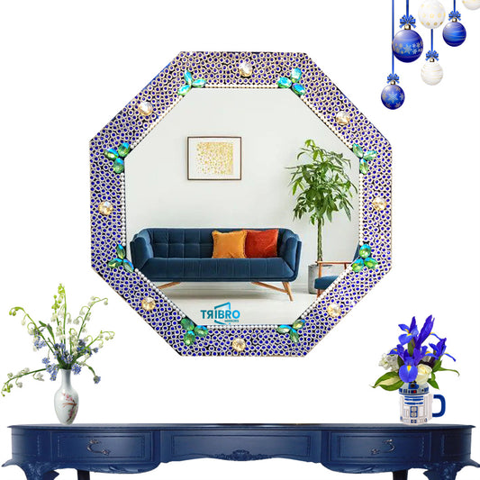 TriBro Octagon Shape Handmade Wall Mirror with Blue ,Gold,andGreen Color