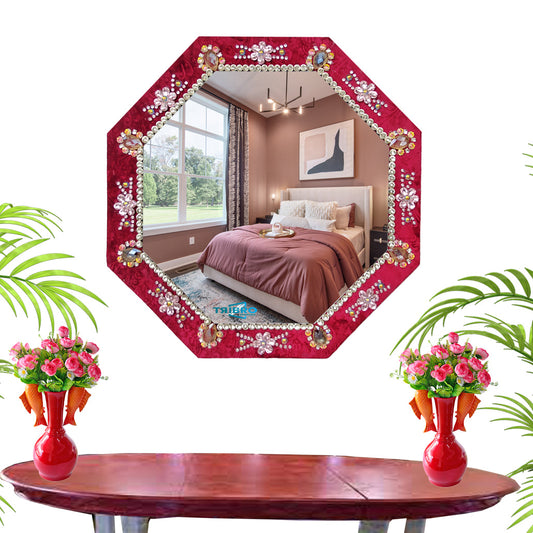 TriBro Octagon Shape NEW Look Handmade Wall Mirror In Red and Silver