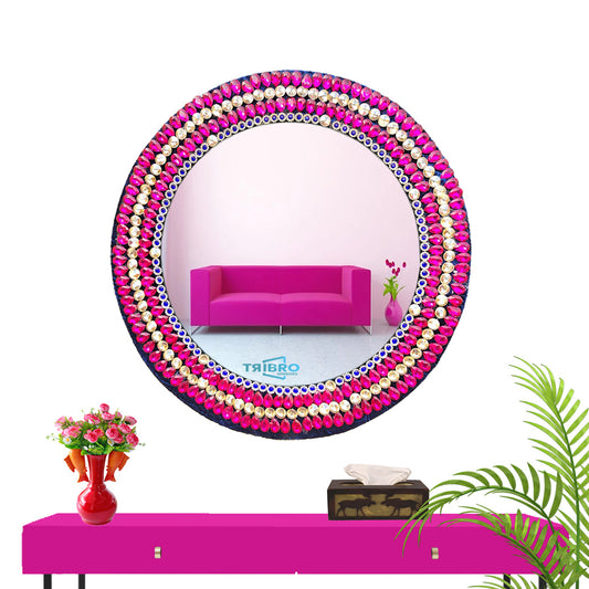 TriBro Oval Shape  Beautiful Eye Catching Handmade Wall Mirror With Pink and Gold Beads